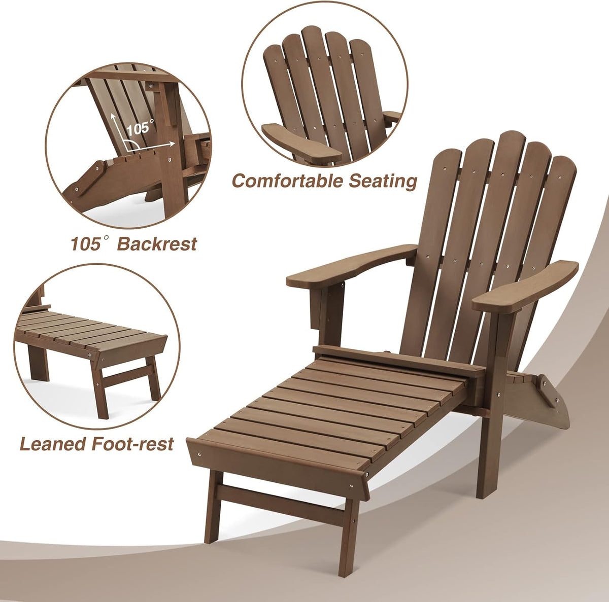 Folding Adirondack Chairs with Retractable Ottoman, Dark Brown