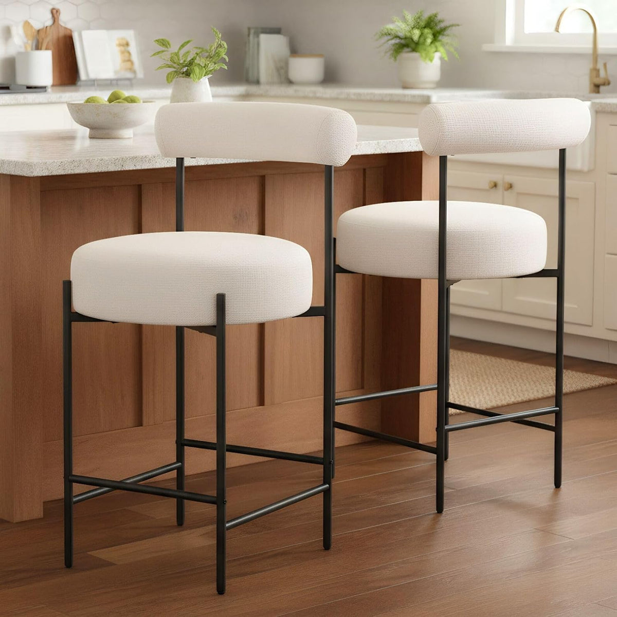 ROCITY Beige Modern Bar Stools Set of 2 Linen Upholstered Counter Stools with Barrel Back 26 Inch Fabric Kitchen Island Chairs with Metal Legs, Cream