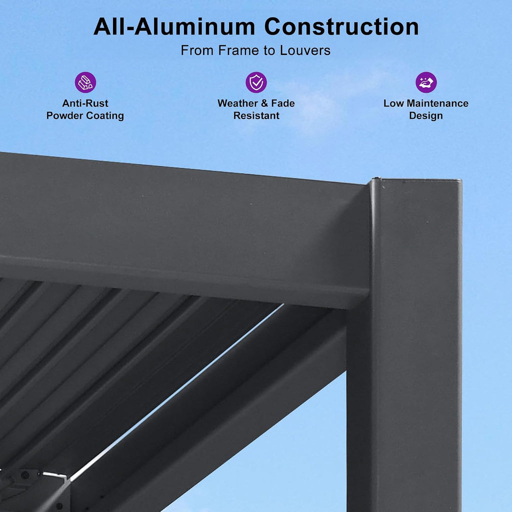 PURPLE LEAF Wall Mounted Pergola 10' x 20' Louvered Pergola,Aluminum Frame