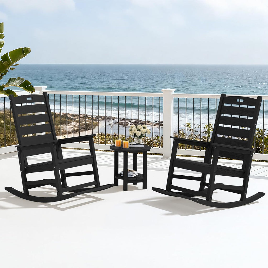 SERWALL Outdoor Rocking Chair Set of 2, Oversized HDPE Rocker, Black