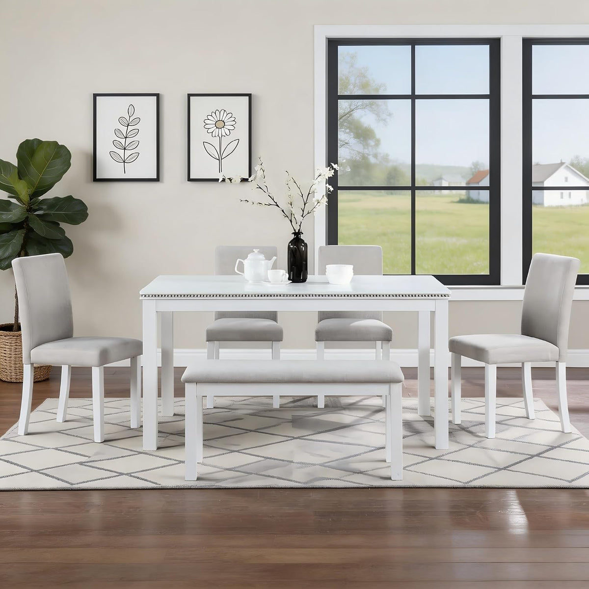 LUMISOL 6-Piece Dining Table Set for 6, Solid Wood Kitchen Table Set with 4 Upholstered Chairs & Bench for Kitchen, Dining Room, Living Room, White