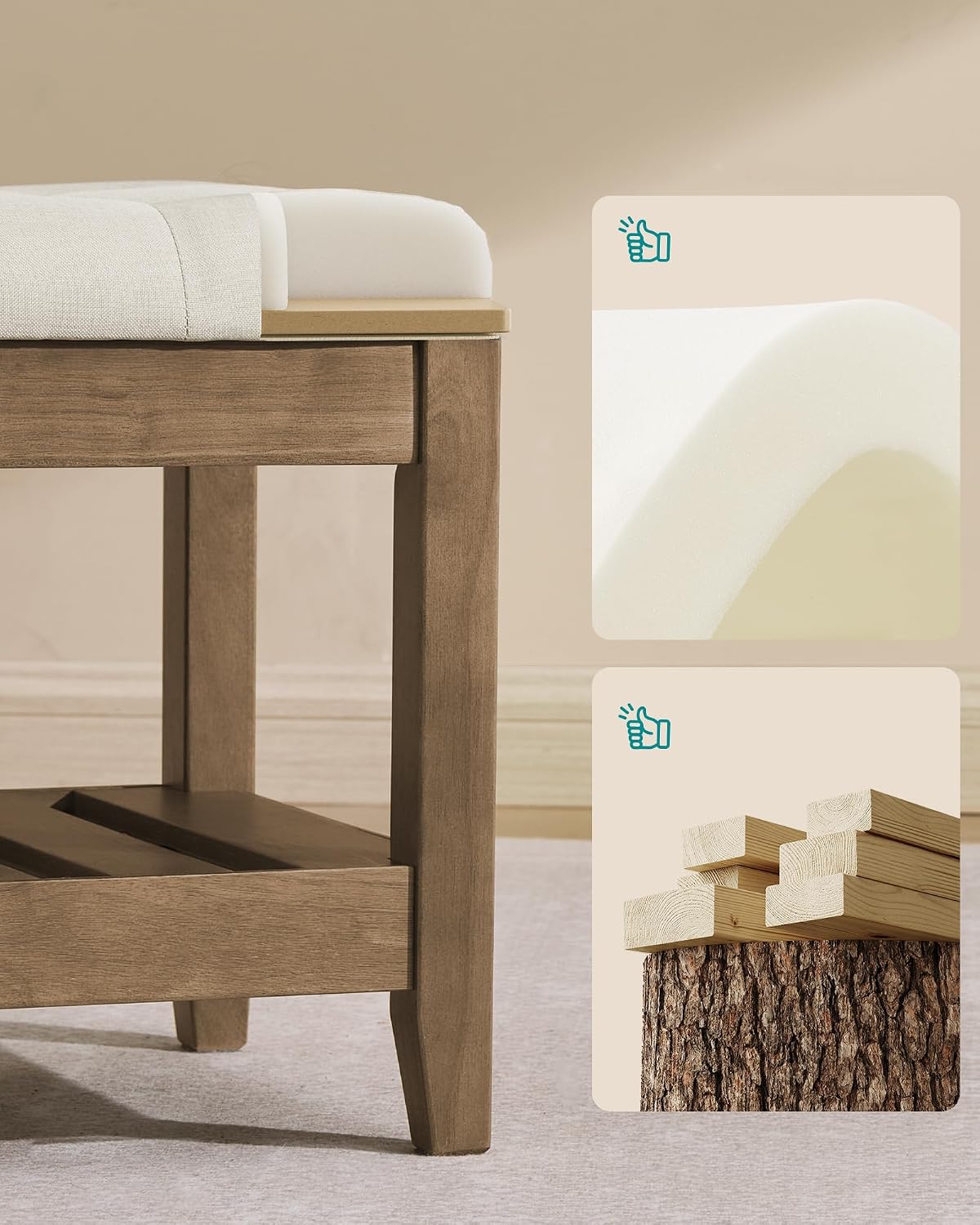 SONGMICS Storage Ottoman with Solid Wood Frame, 42.9 x 15.7 x 17.7 Inches