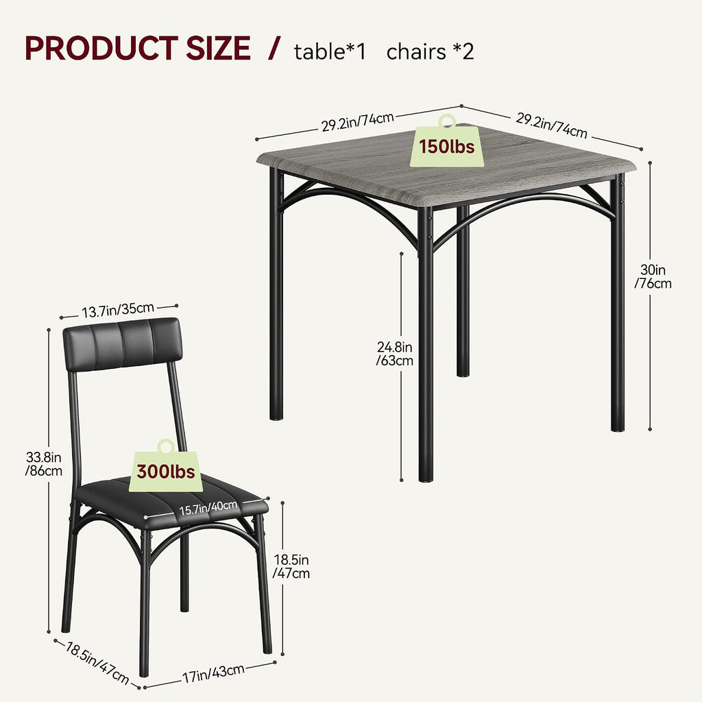 Amyove Modern Rustic Gray Square Dining Set, 29.2' L x W 30.1' H Table, 33.7' 18.4' 17' Chairs, 2 Person, Metal & MDF, Easy Assembly, Space-Saving