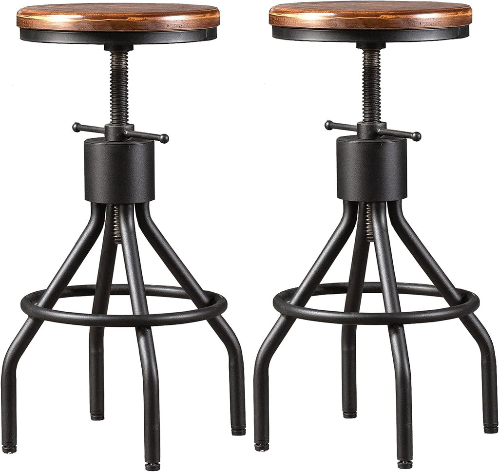 LOKKHAN Set of 2 Industrial Bar Stool-Height Adjustable Swivel Wood and Metal Bar Stool,Farmhouse Stool,Extra Tall Pub Height,23"-29"
