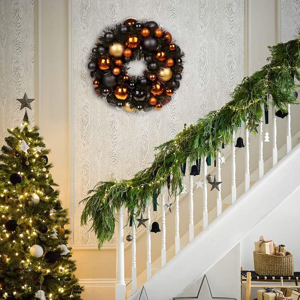 Halloween Black Ball Wreath 13" Xmas Wreaths Ornaments Glitter Thicken Shatterproof Garland Decoration for Door Wall Mantel Christmas Holiday Party Decor, Orange & Black & Gold