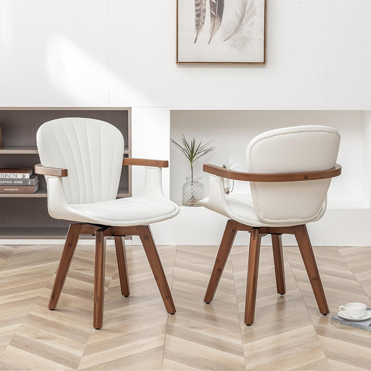 LUNLING Swivel Dining Room Chairs Set of 2,Mid Century Modern White Faux Leather Kitchen Chair with Arms,Bamboo Legs Side Chairs No Wheels,Accent Chair for Dining Rooms and Offices