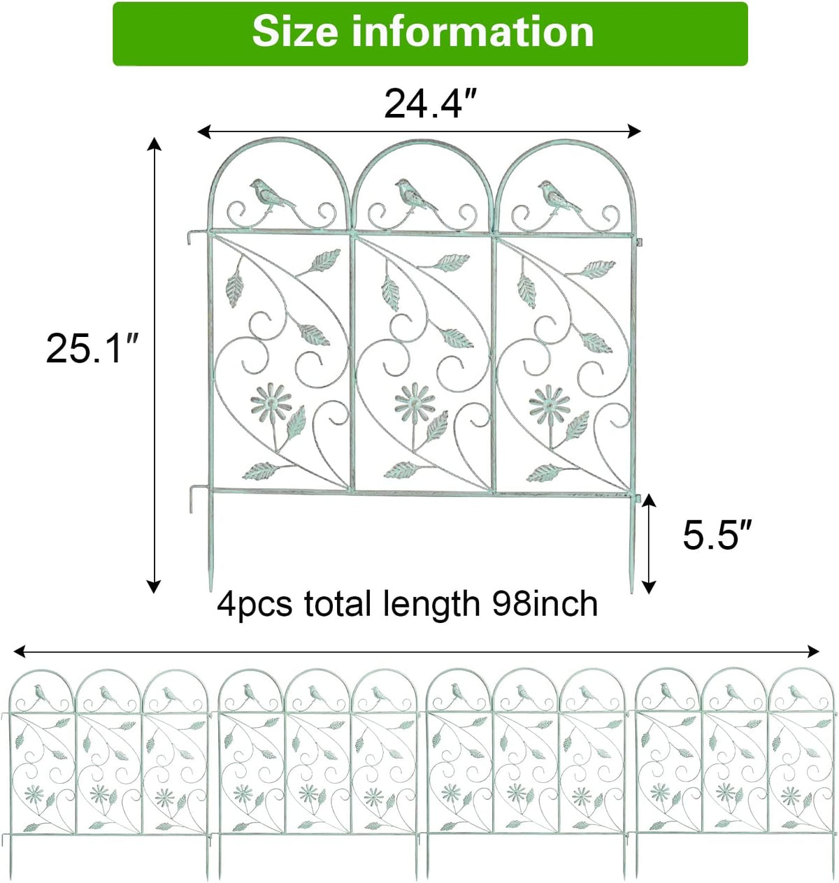 Sungmor 25in x 8ft Metal Garden Fence Border, Rustic Style Decorative Garden Fence Animal Barrier, Landscape Pathway Edge Iron Picket Fence Panels, Plant Support Climbing Trellis, Pack of 4