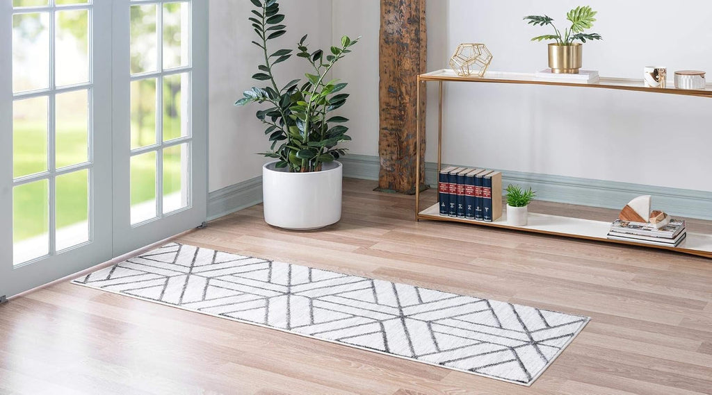 Rugs.com Lattice Trellis Collection Rug – 6 Ft Runner White Low-Pile Rug Perfect for Hallways, Entryways