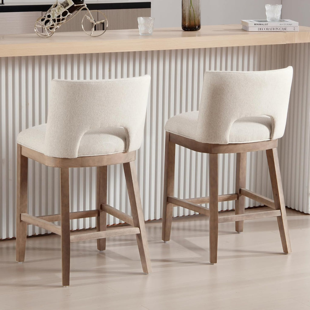 Beige Bar Stools Set of 2, 26" Farmhouse Counter Height Barstools, Linen Upholstered Armless Barstools with Open Back for Kitchen Island/Breakfast Bar/Home Pub