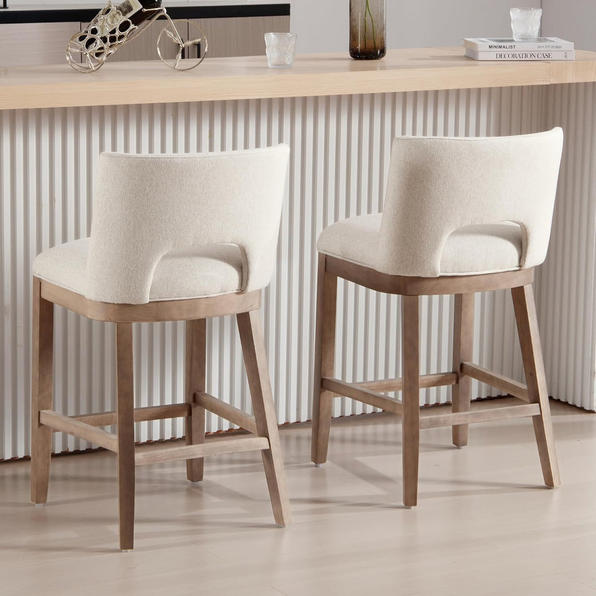 Beige Bar Stools Set of 2, 26" Farmhouse Counter Height Barstools, Linen Upholstered Armless Barstools with Open Back for Kitchen Island/Breakfast Bar/Home Pub
