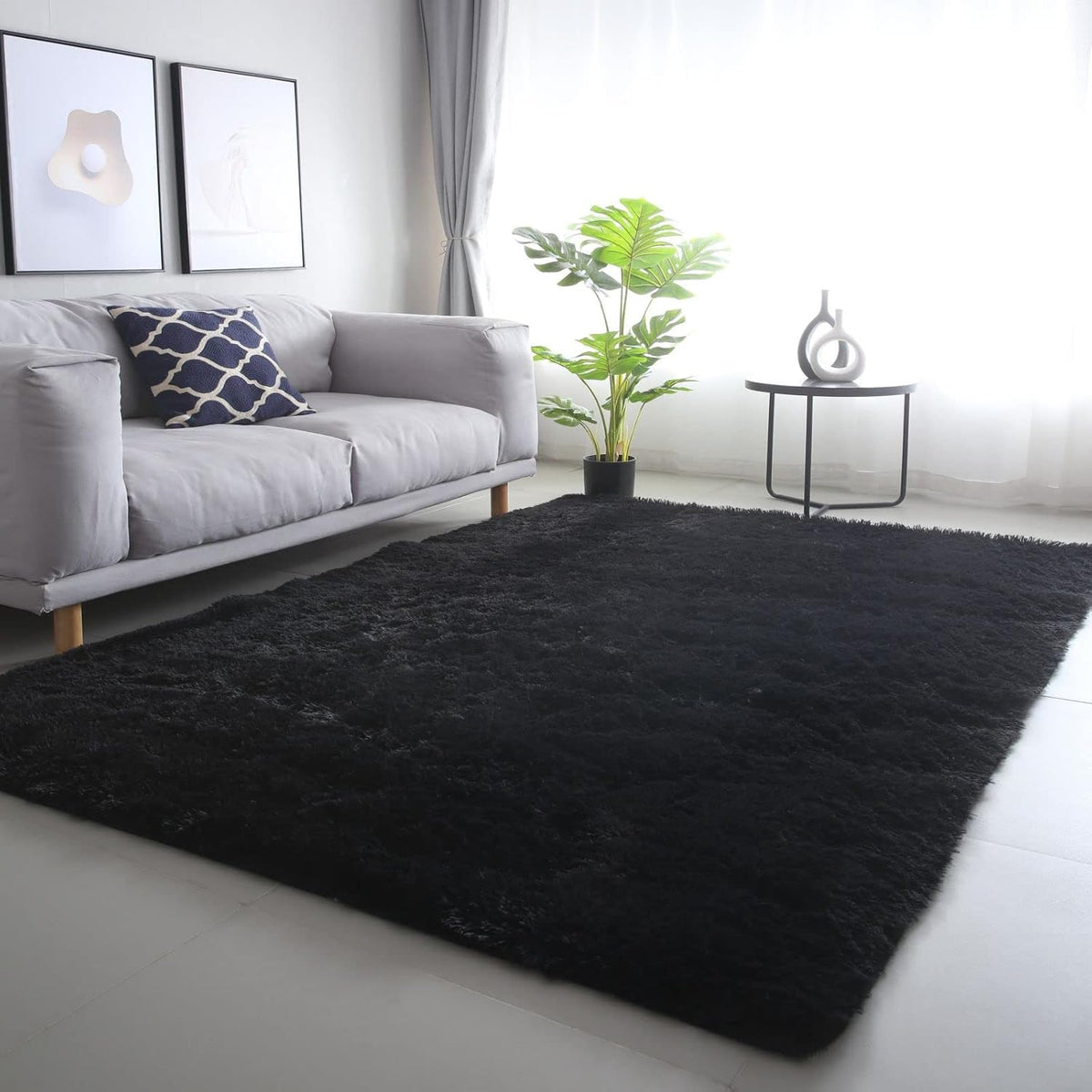 Black Shag Area Rug 6x9 for Living Room - Soft Non-Skid Carpet Modern Decor