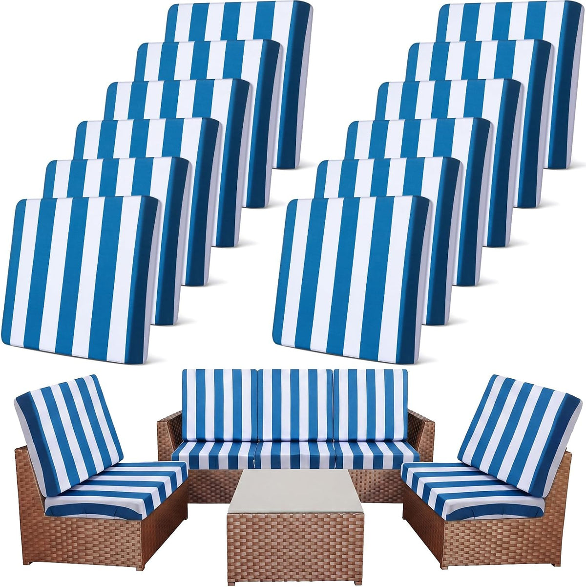Newwiee 12 Pc Patio Stretch Cushion Covers,Blue White,Stripes