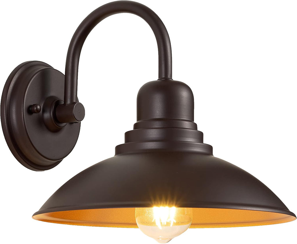 GOLDHILL 10.5" Bronze Gooseneck Metal Outdoor Barn Light, Powder Coated Farmhouse Porch Light with Gold Interior, Wet Location Rated Exterior Sconce for Porch, Garage, Bathroom Vanity
