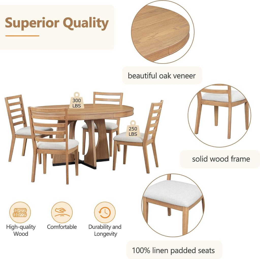 Knocbel Extendable Round Dining Table Set for 4-6, Round Dining Table with 4 Upholstered Chairs, Oval Table & Chair Sets with Unique Geometric Design for Living Room Kitchen, Natural