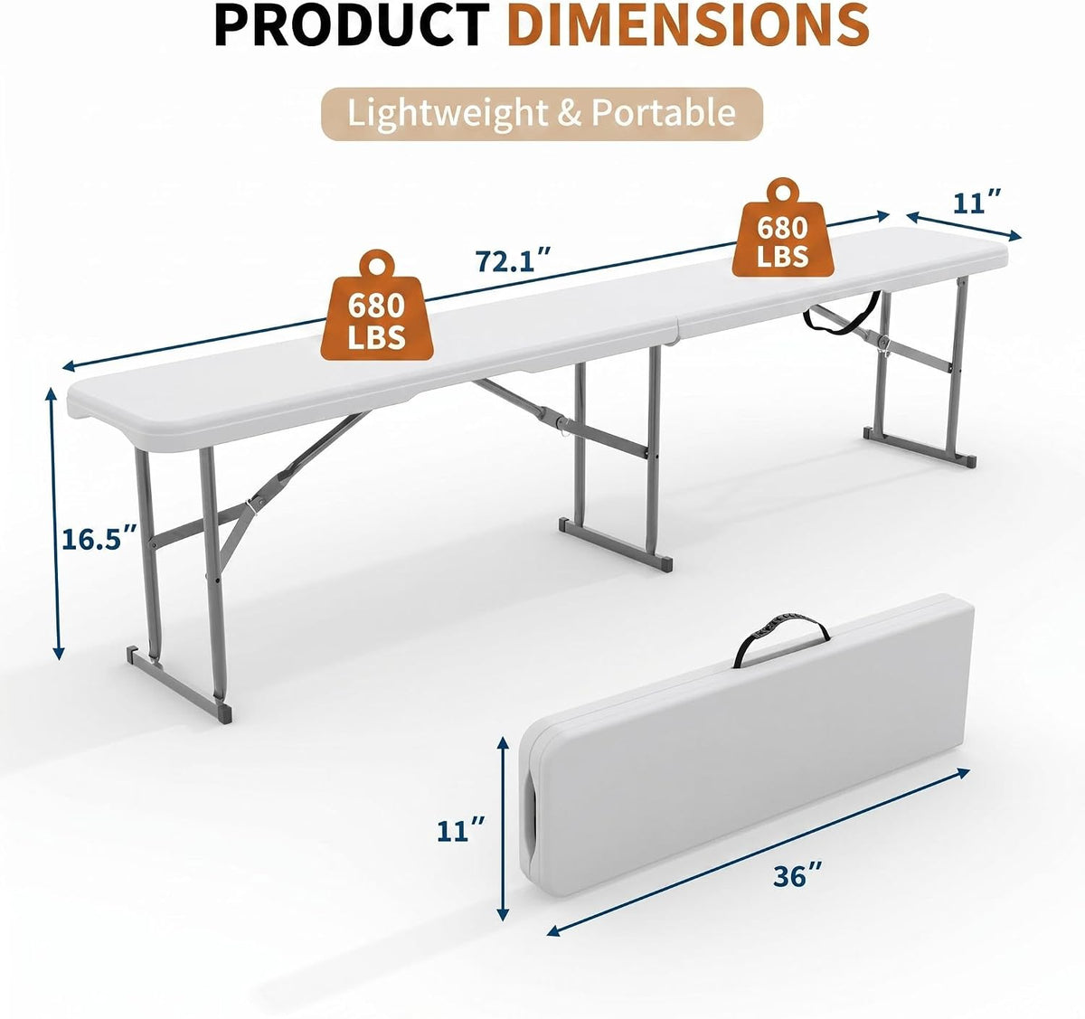 6ft folding bench, 2 pack fold-in-half portable seating, close-up detail
