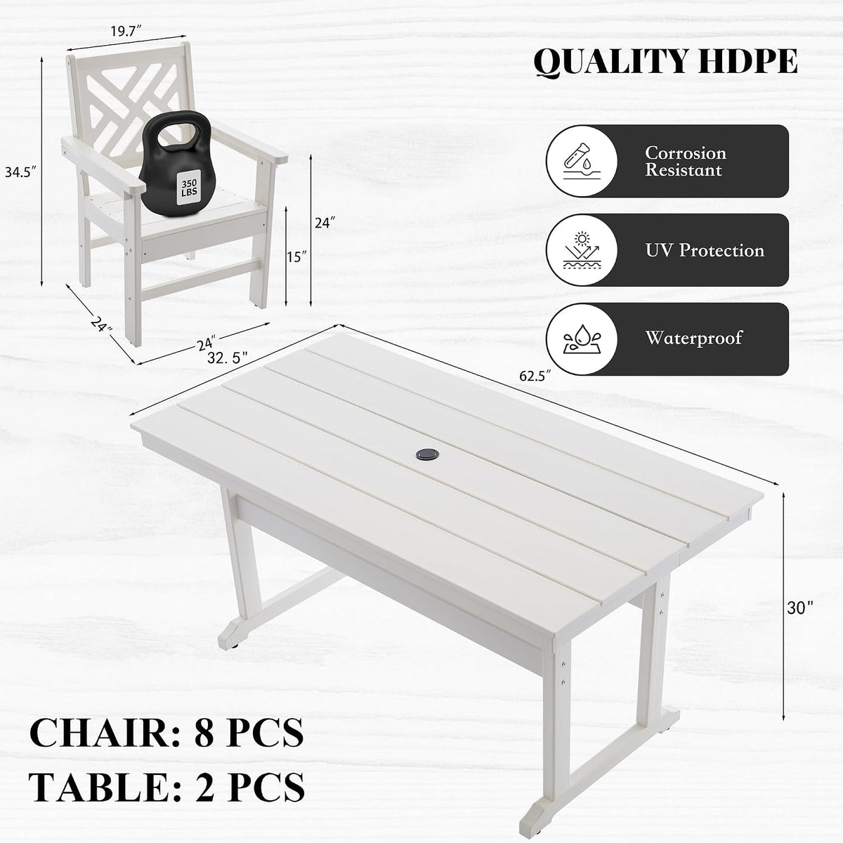 HDPE Dining Table Set for 8,10-Piece Outdoor Table and Chairs Include 8 Dining Chairs and 2 Pcs 62.5" Patio Dining Table with Umbrella Hole (White)