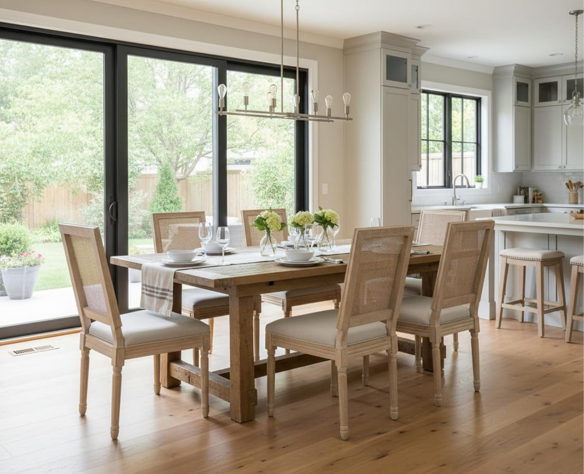 CIMOTA Farmhouse Dining Chairs Set of 8, French Rattan Dining Room Chairs with Distressed Wood Upholstered Vintage Side Chairs for Kitchen/Restaurant, Linen Beige/8PCS