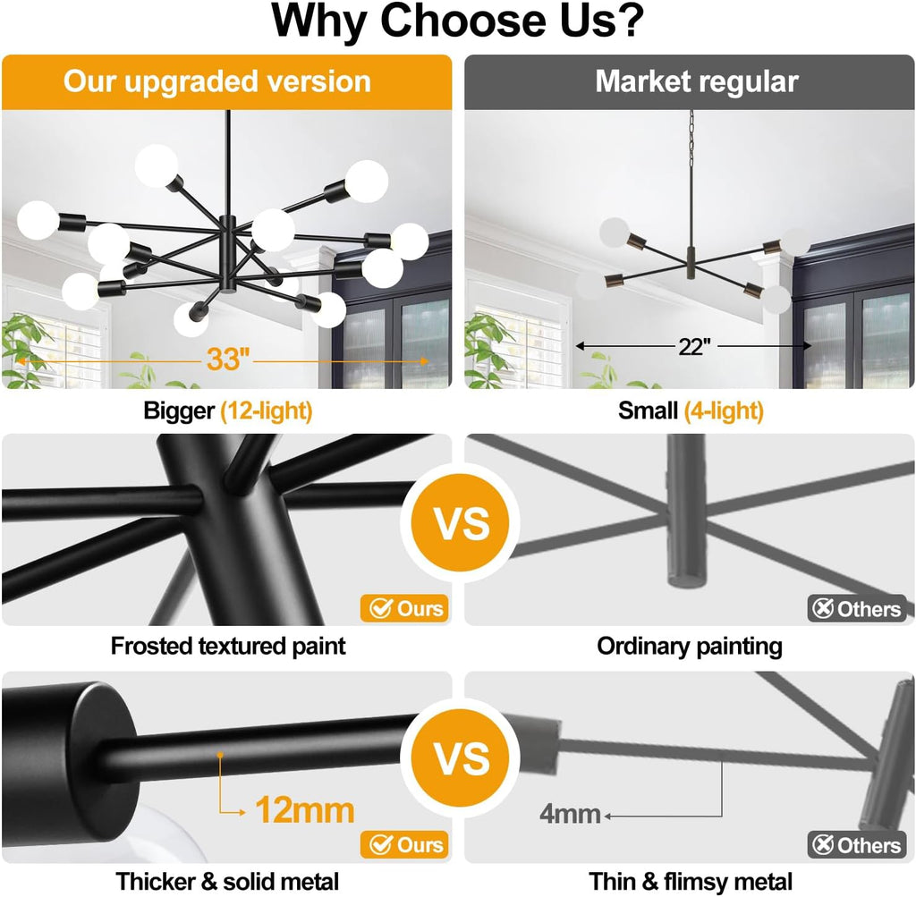 11"-52" Height Adjustable Modern Chandelier Ceiling Light Fixture, 12-Light Sputnik Chandeliers Matte Black Mid Century Chandelier Over Table, Chandeliers for Dining Room Living (Bulbs Not Included)