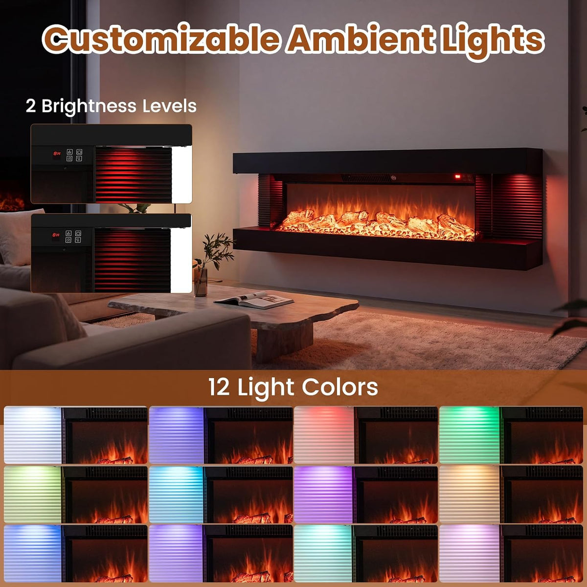 ORALNER 3 Sided Wall Mount Electric Fireplace w/ 50" Floating Mantel, Black