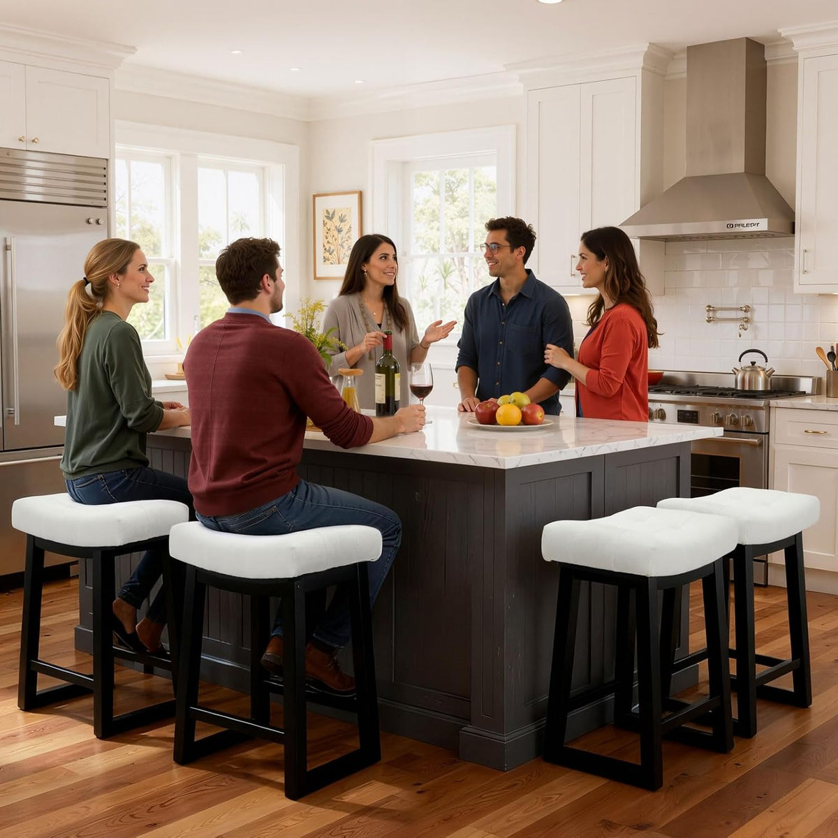 Counter Height Bar Stools Set of 3, 24 Inch Backless Upholstered Counter Stools with Solid Rubberwood Legs, Modern Farmhouse Saddle Stools for Kitchen Island, Home Bar, White Linen Fabric