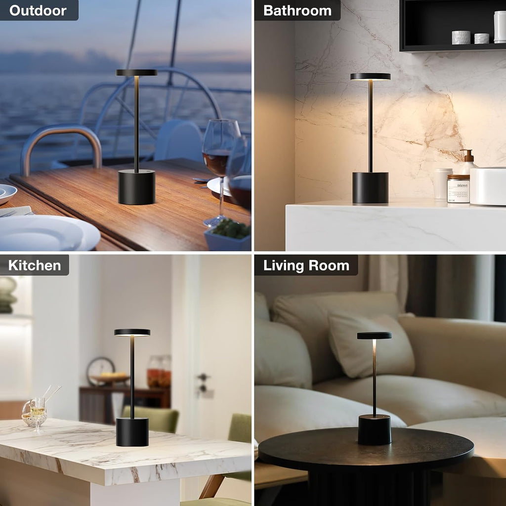 cordless rechargeable table lamp, 4000mah battery operated, black on a desk or shelf
