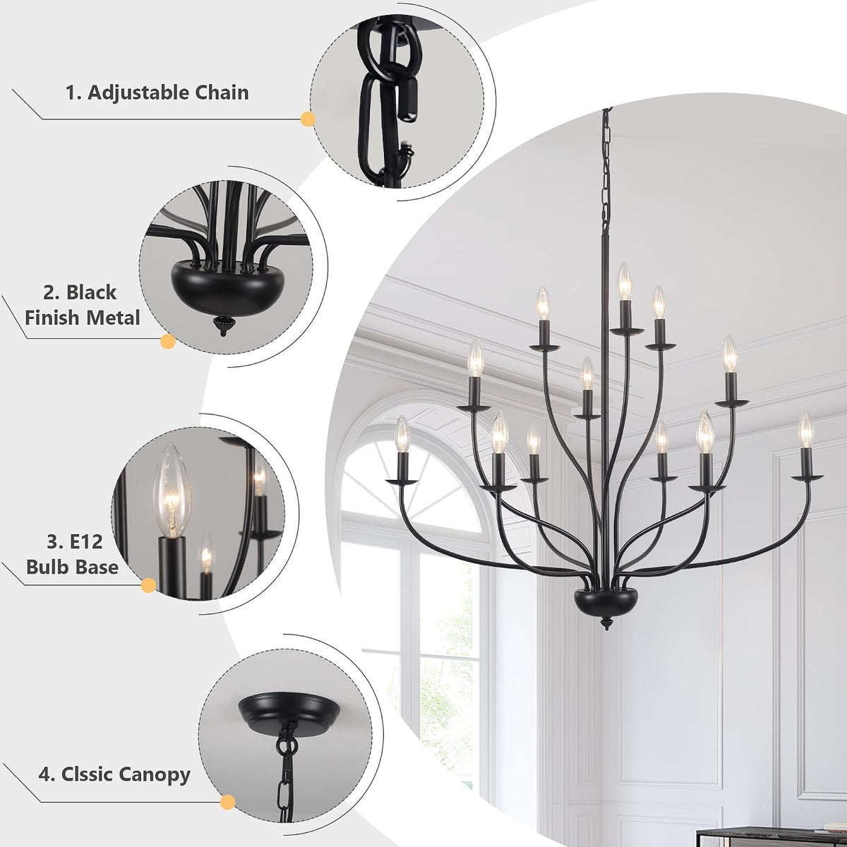 Black Chandelier 12 Light, Large Farmhouse Chandelier for Dining Room