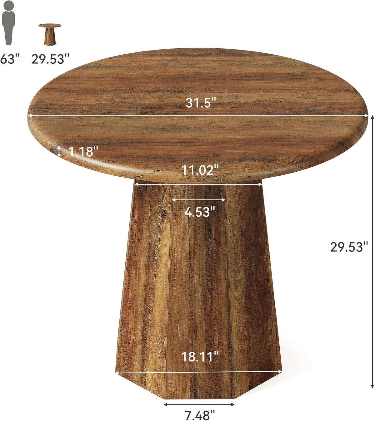 LITTLE TREE 31.5" Round Dining Table for 4, Wood Kitchen Table with Wooden Tabletop and Octagonal Base for Dining Room, Apartments, Office & Restaurants, Deep Brown