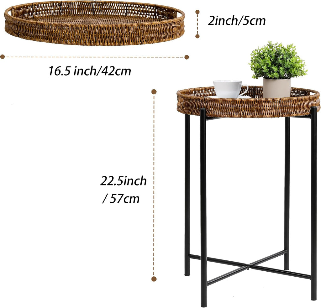 dingtai small wicker round end table, 16.5 in, close-up detail