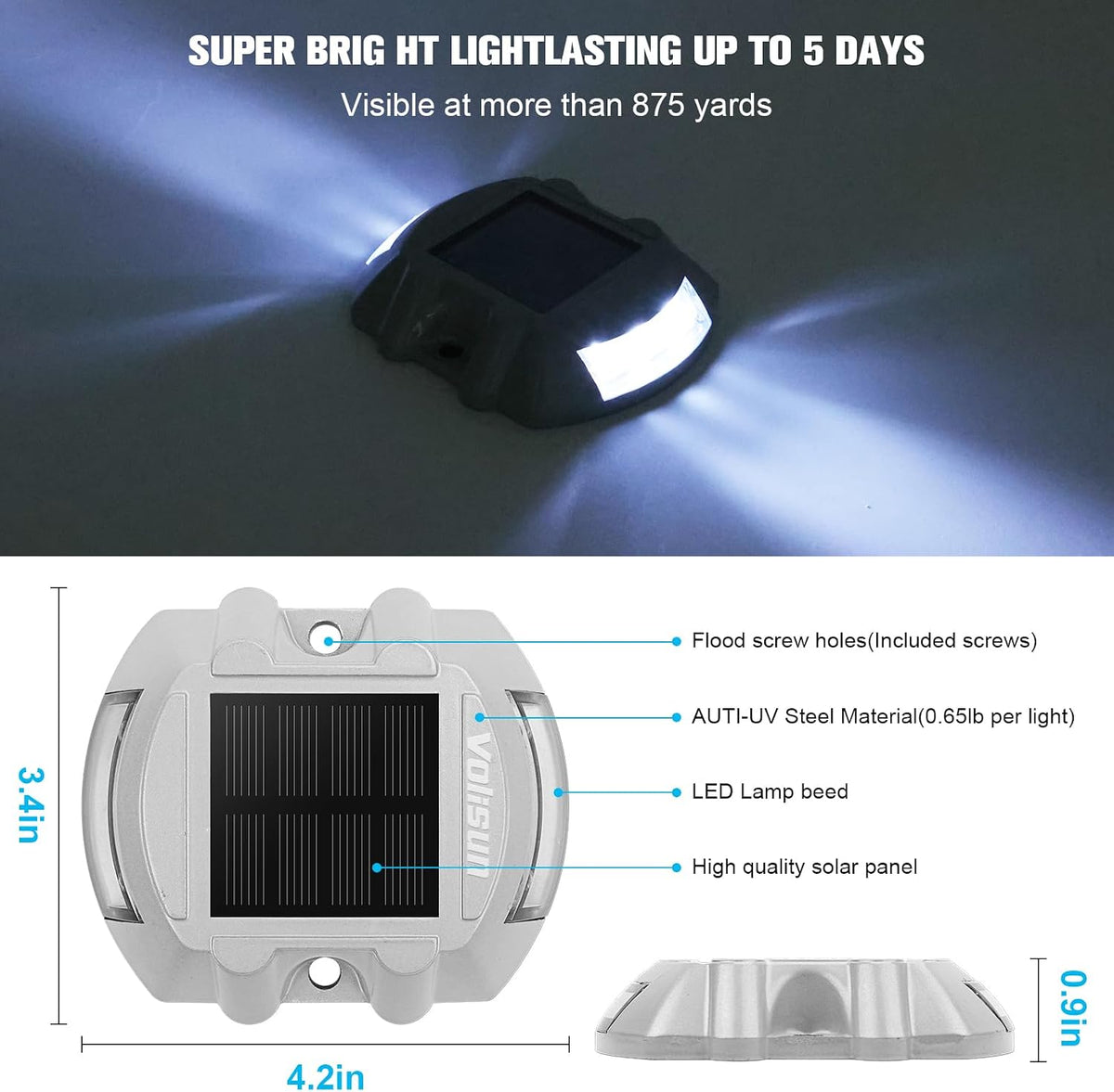 volisun solar deck driveway dock lights,solar pathway lights,white shown in use