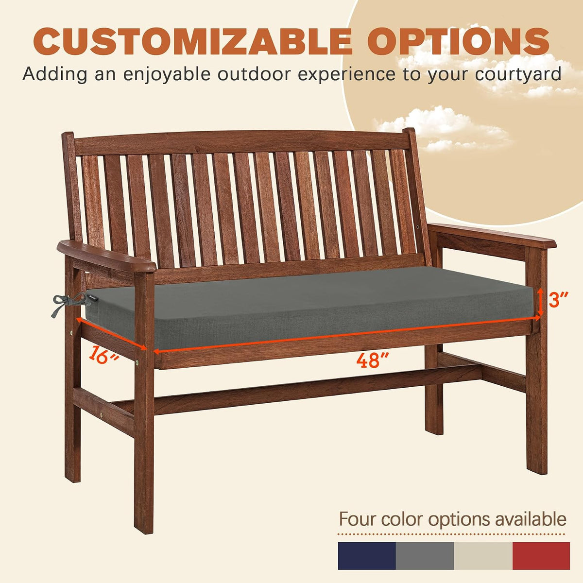 Favoyard Outdoor Bench Cushion Grey 48 x 16 inch