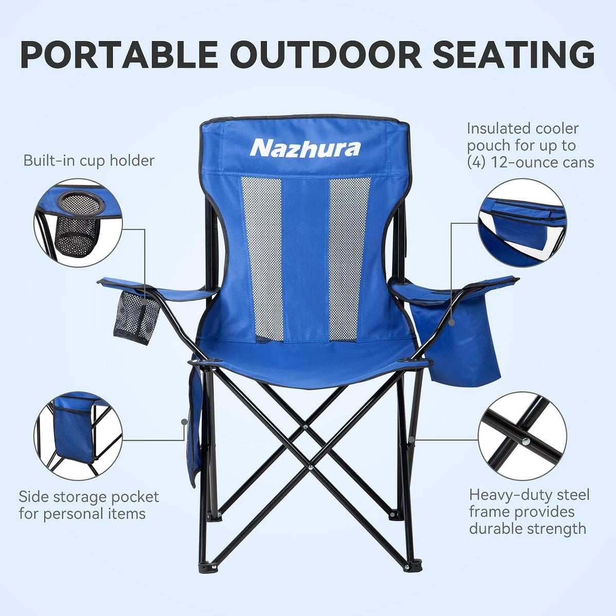 Nazhura 4 Pack Outdoor Camping Chairs Folding/Foldable/Portable with Cooler Pouch, Mesh Backrest and Cup Holder Pocket (Blue, Metal, 4 Pack)