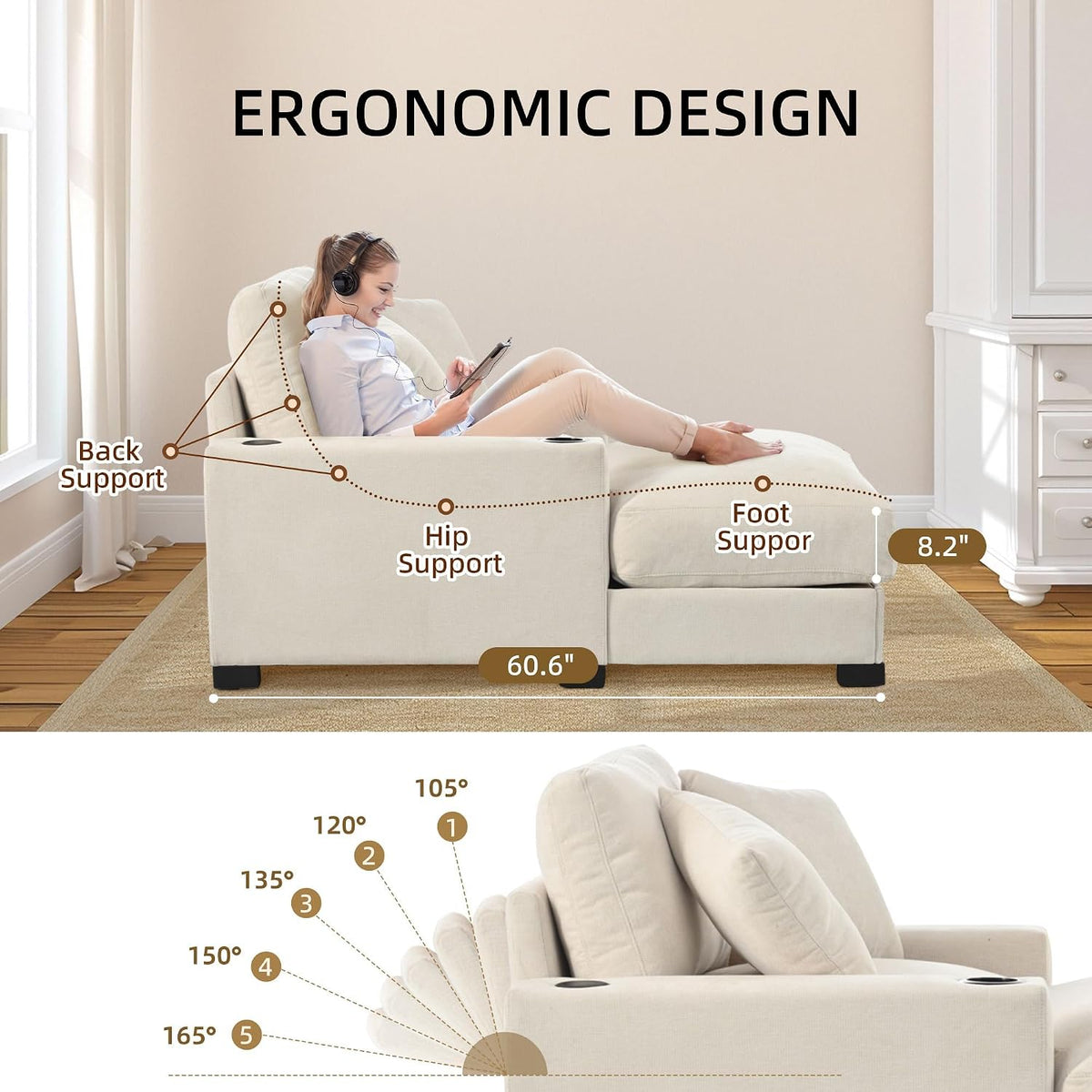 60" Oversized Chaise Lounge Chair Indoor with Adjustable Backrest & Charging Port,Wood Frame Chenille Comfy Reading Chair,Sleeper Chair w/ Cup Holder & 2 Pillows,Beige Chaise Lounge Chair for Bedroom