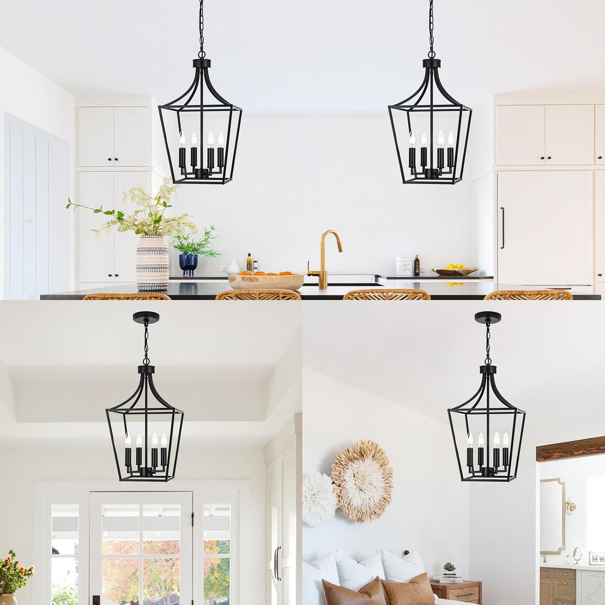 4-light farmhouse lantern chandelier, black pendant light fixture shown in use