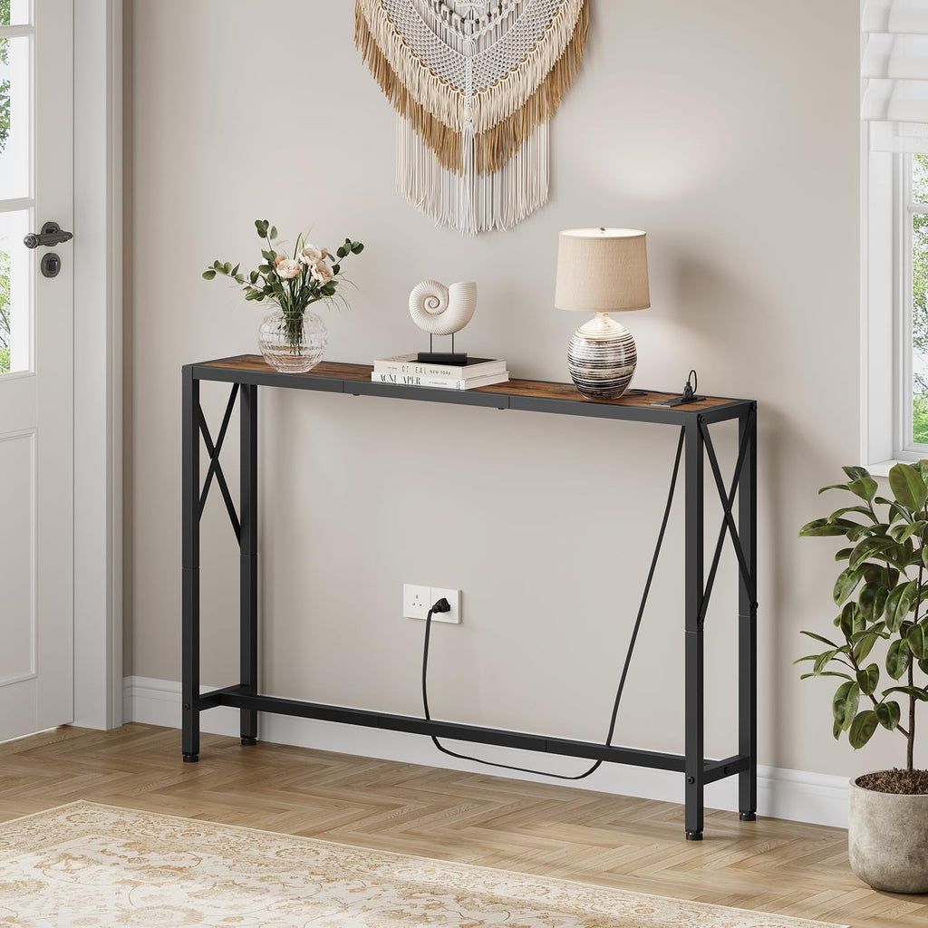 Gewudraw Narrow Console Table with Socket, Sofa Table Behind Couch, Brown