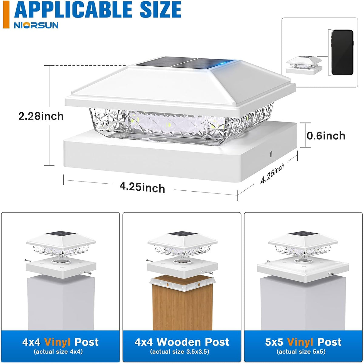 NIORSUN Solar Post Cap Lights,4x4 Post Solar Light Cool White,White 12 Pack
