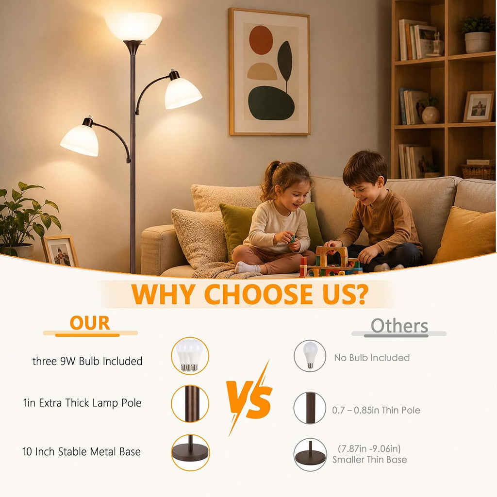 3-Head Torchiere Floor Lamps with 2 Reading Lamp for Living Room-Brown