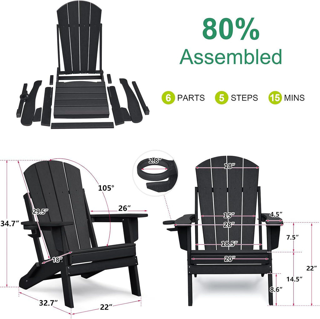 1PC Folding Adirondack Chairs, HDPE Outdoor Firepit Chair, Black