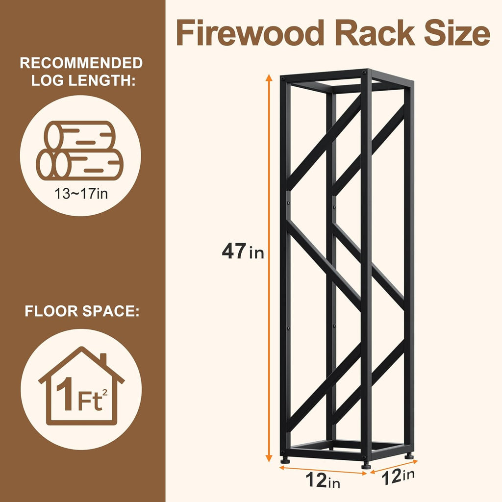 Firewood Rack Indoor 47 Inch Tall, 4-Tier Heavy-Duty Firewood Holder for Fireplace with Minimalist Style, Decorative Log Rack, Flexible Storage, Space-Saving, Easy Assembly, Black