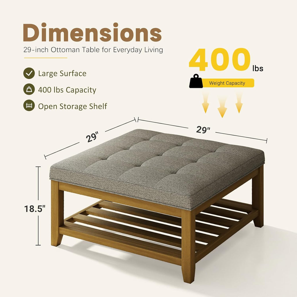 Befurtori Large Square Ottoman Coffee Table, Linen Solid Upholstered Footrest Ottoman with Solid Wood Shelf Storage Tufted Coffee Table for Bedroom Living Room, Granite