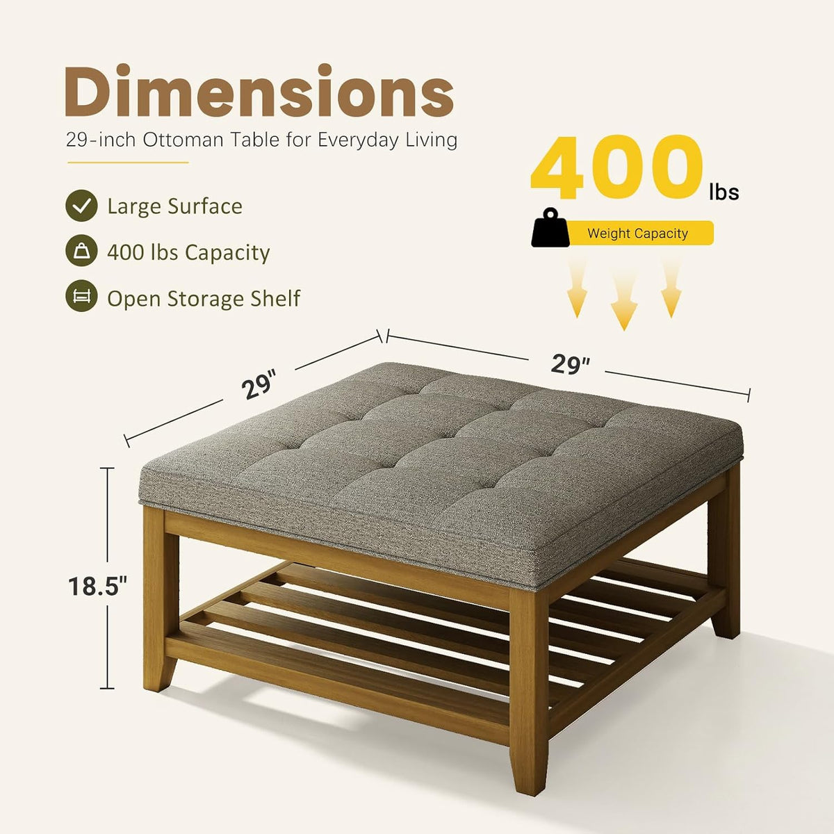 Befurtori Large Square Ottoman Coffee Table, Linen Solid Upholstered Footrest Ottoman with Solid Wood Shelf Storage Tufted Coffee Table for Bedroom Living Room, Granite