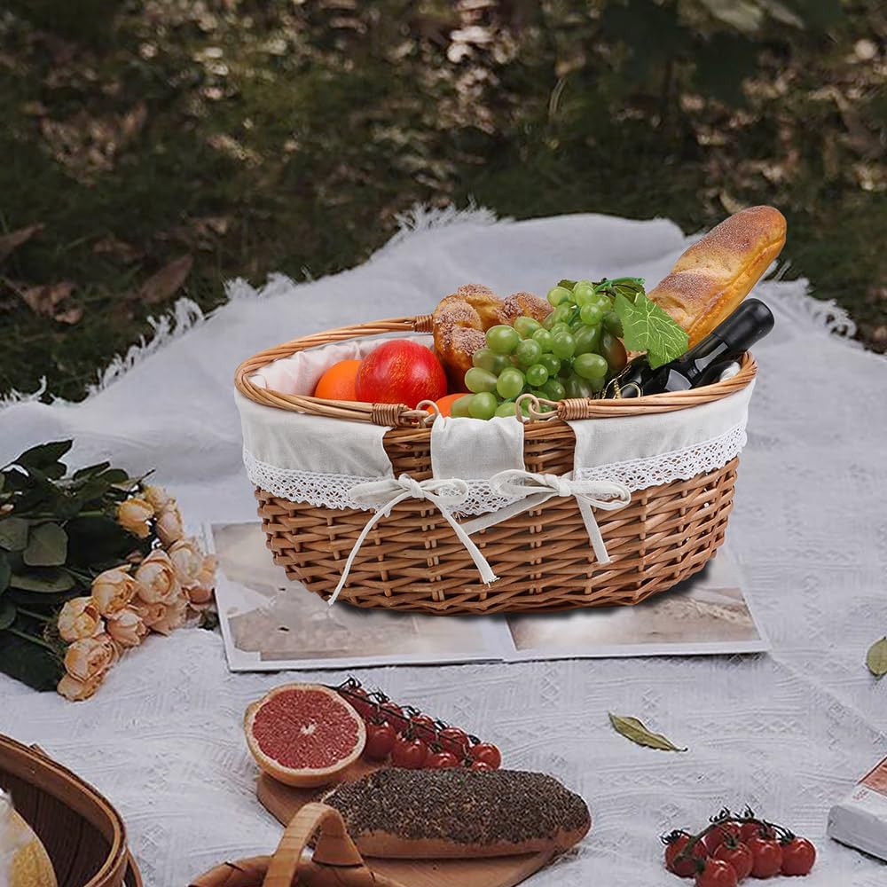 Large Wicker Woven Picnic Basket w/Handle for Camping & Harvest
