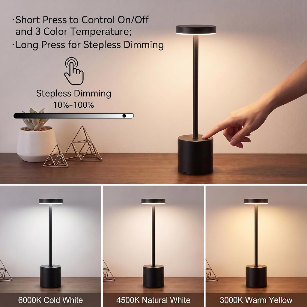 cordless table lamp set of 2, black rechargeable, side view
