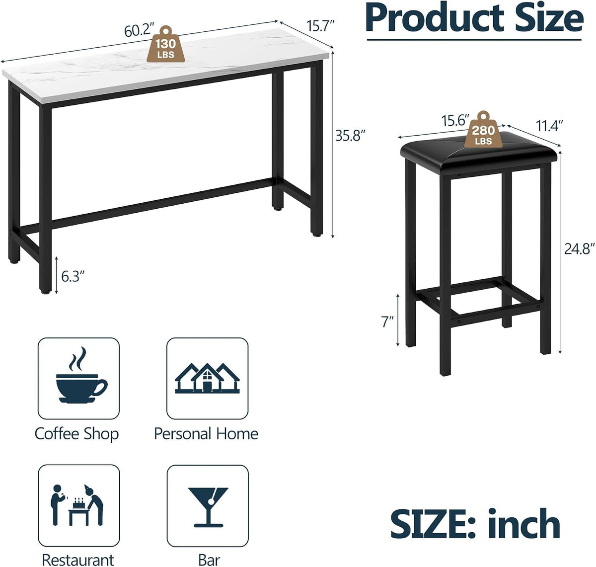 HUGROVE 4-Piece Bar Table and Chairs Set with 3 PU Upholstered Bar Stools, 60.2" Faux Marble Table Top, Modern Counter Height Table for Kitchen, Living Room, Party Room, Small Space, Pub (Black)