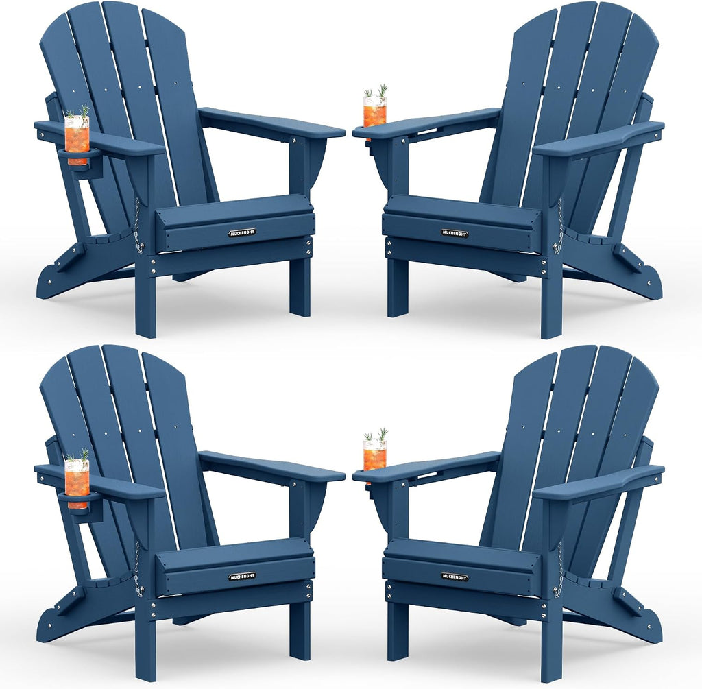MUCHENGHY Folding Adirondack Chairs Set 4, HDPE for Fire Pit, Navy Blue (Set of 4)
