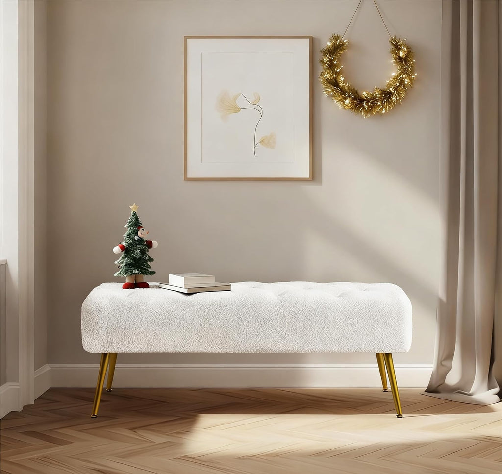 Yaheetech 45in Upholstered Boucle Ottoman Bench Seat with Gold Legs, Ivory