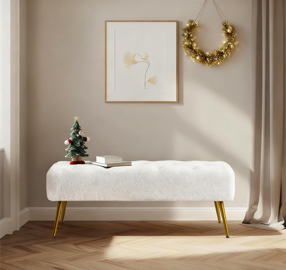 Yaheetech 45in Upholstered Boucle Ottoman Bench Seat with Gold Legs, Ivory