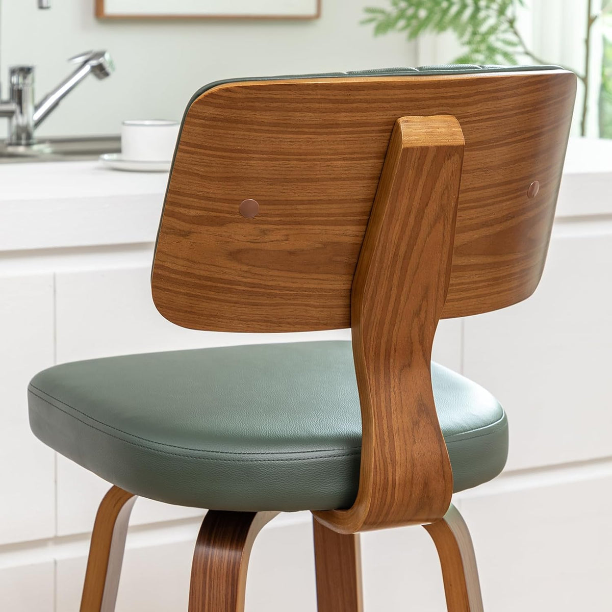 LUNLING 25.2” Swivel Bar Stools Set of 2,Green Faux Leather Counter Height Barstools with Back,Mid Century Modern Wood High Walnut Bar Chairs,Modern Kitchen Island Chairs for Home Dining