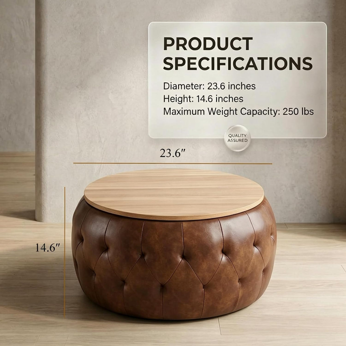 Round Ottoman with Storage, 25 Inches Wooden Top Coffee Table for Living Room, Modern Upholstered Side Table, Multifunctional Faxu Leather Surface Footstool(Brown)