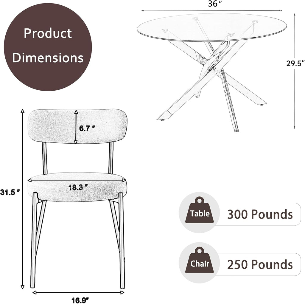 36" Round Dining Table Set for 2, Small Round Kitchen Table with 2 Boucle Dinner Chairs, Modern Circle 3 Piece Glass Dining Table with Metal Legs(Black&Gold)