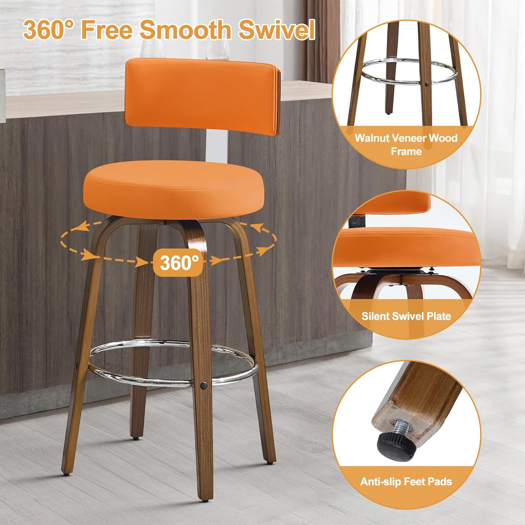 Bekrvio Swivel Counter Height Bar Stools Set of 2, Faux Leather Kitchen Stools Upholstered Barstools with Back, Walnut Wood Legs, Mid Century Island Chairs Counter Stools, 26" Seat Height, Orange
